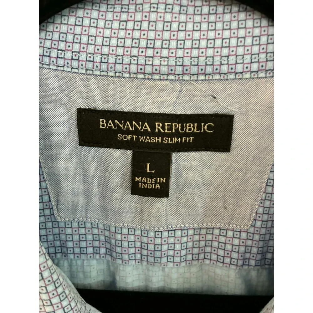 Banana Republic‎ Men's L Slim Fit Blue Micro Check Button Down Shirt Cotton